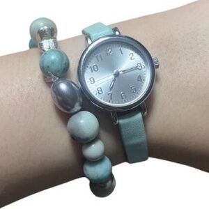 Mint Green Watch & Handmade Bracelet Set | New Battery | Faux Leather